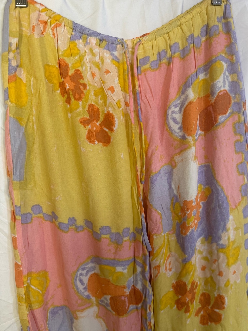 Colorblock Floral Wide-Leg Pants — Yellow Pink Lavender